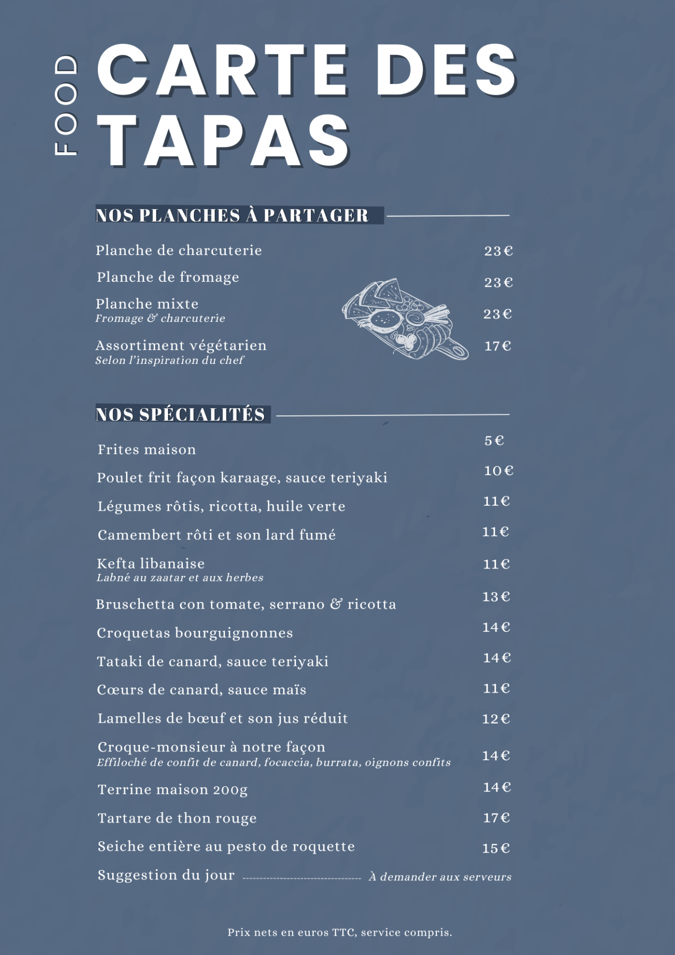 Carte des tapas du restaurant