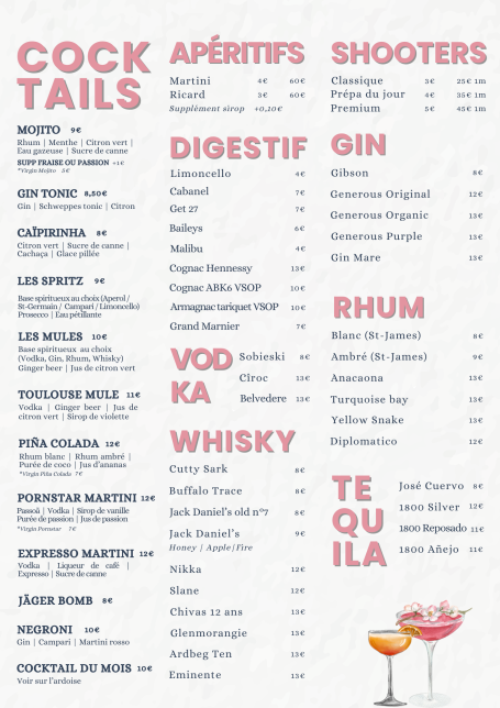 Carte des cocktails ; bar à cocktail