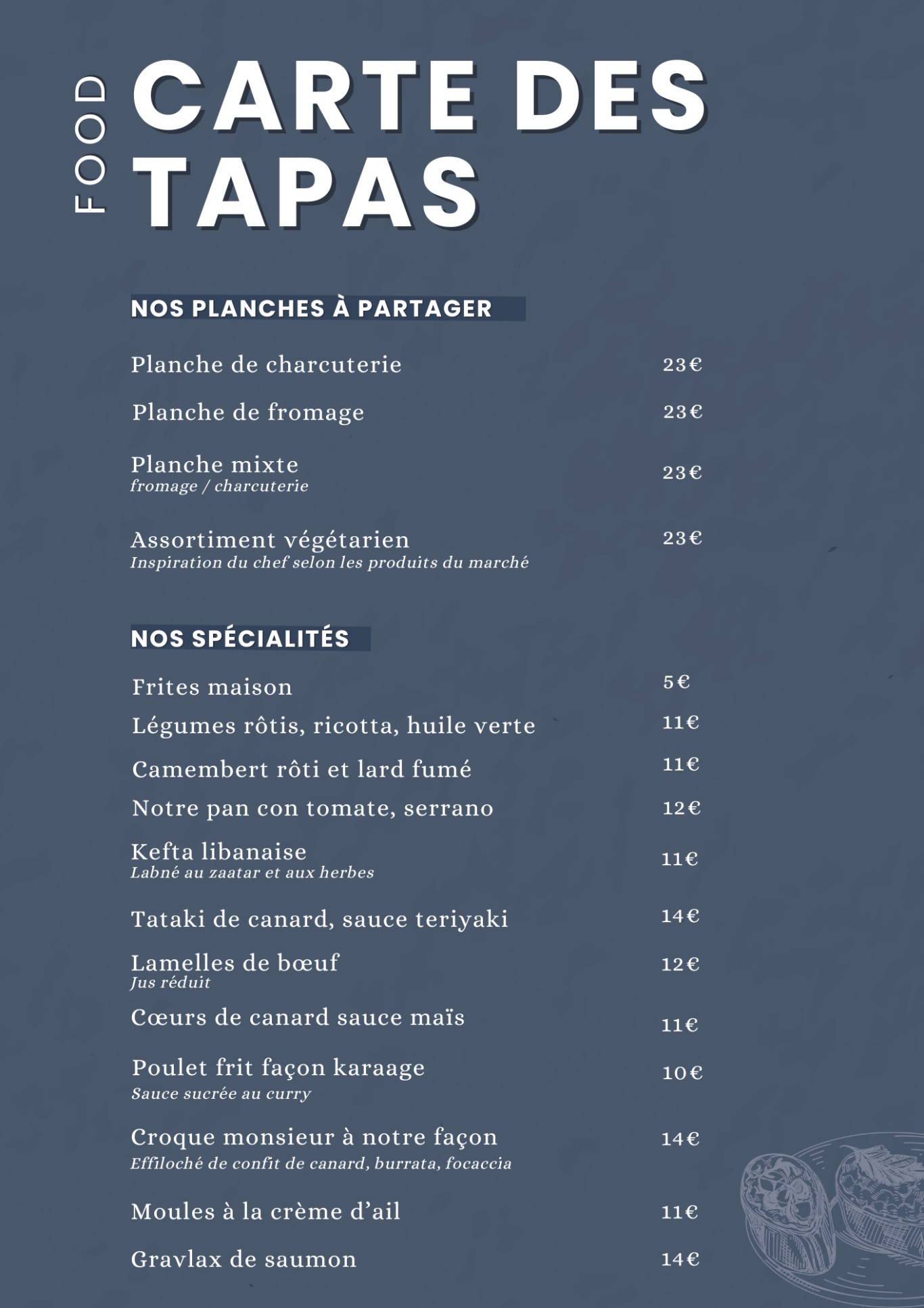 Carte des tapas du restaurant