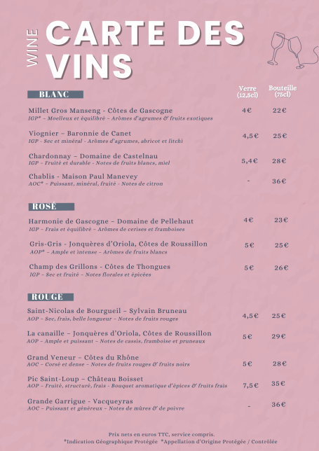 Carte des vins avec une sélection de bouteilles
