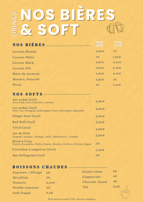 Menu des boissons ; bières et soft du restaurant